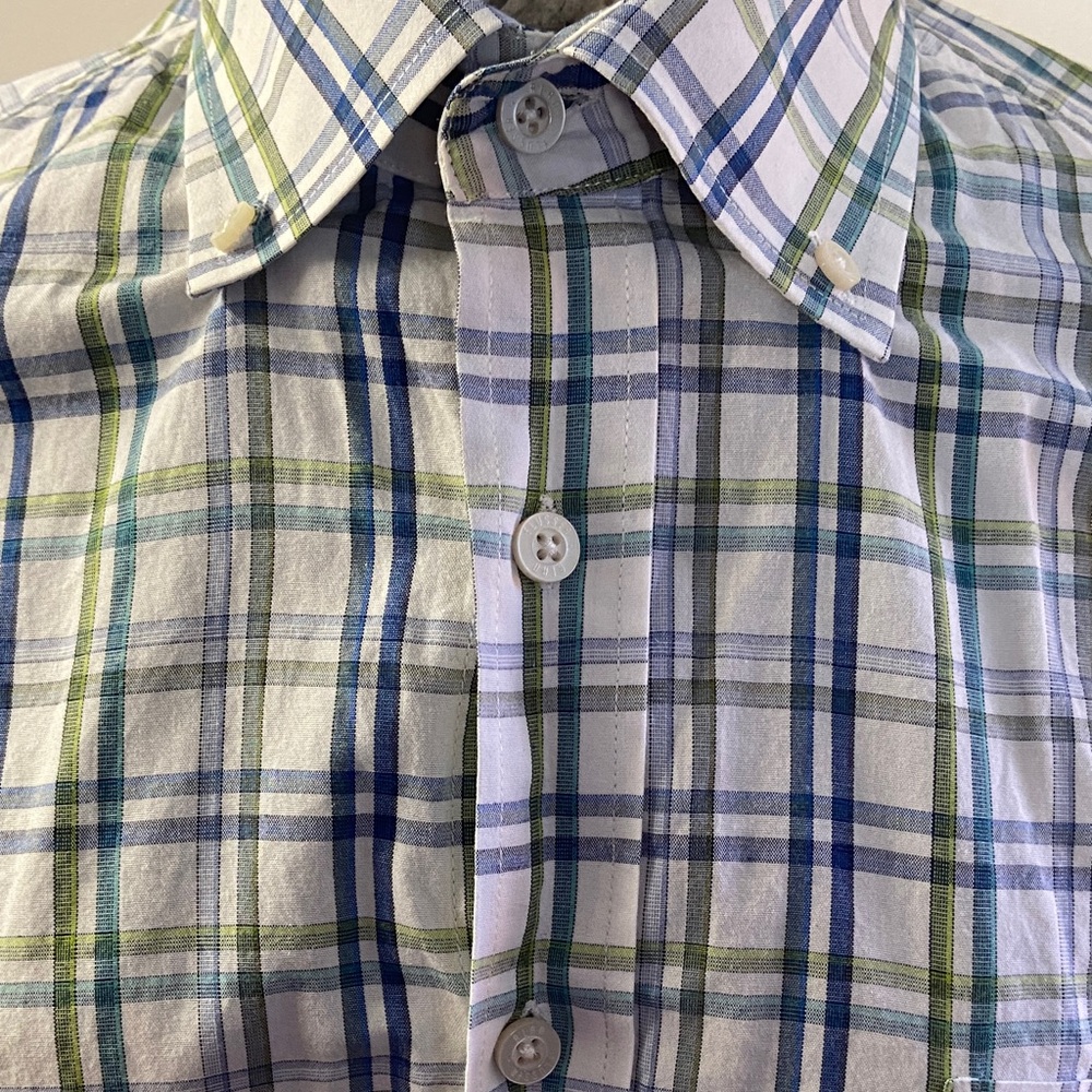 Alan Flusser Men's Blue and Green Plaid Shirt Large 100% Cotton